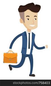 Happy caucasian businessman with briefcase in hand running. Smiling businessman running in a hurry. Cheerful businessman running forward. Vector flat design illustration isolated on white background.. Happy businessman running vector illustration.
