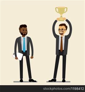 Happy caucasian Businessman with cup and african american sad businessman standing,flat vector illustration