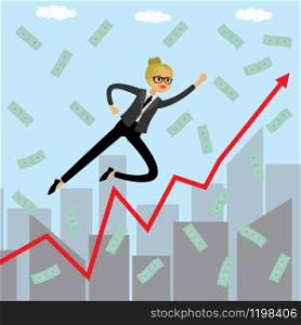 Happy caucasian businesswoman flying over city buildings, growing graph and falling from the sky money,flat vector illustration