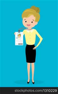Happy caucasian businesswoman or office worker holding badge with id,photo and qr code,Flat Vector illustration