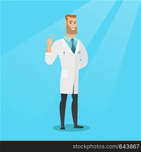 Happy caucasian doctor in medical gown showing finger up. Young doctor with finger up. Smiling hipster man in doctor uniform pointing finger up. Vector flat design illustration. Square layout.. Doctor showing finger up vector illustration.