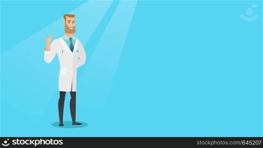 Happy caucasian doctor in medical gown showing finger up. Young doctor with finger up. Smiling hipster man in doctor uniform pointing finger up. Vector flat design illustration. Horizontal layout.. Doctor showing finger up vector illustration.