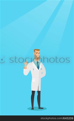 Happy caucasian doctor in medical gown showing finger up. Young doctor with finger up. Smiling hipster man in doctor uniform pointing finger up. Vector flat design illustration. Vertical layout.. Doctor showing finger up vector illustration.