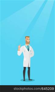 Happy caucasian doctor in medical gown showing finger up. Young doctor with finger up. Smiling hipster man in doctor uniform pointing finger up. Vector flat design illustration. Vertical layout.. Doctor showing finger up vector illustration.