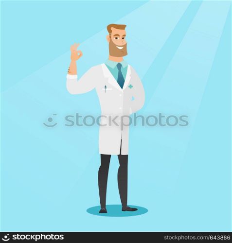 Happy caucasian doctor in medical gown showing ok sign. Smiling hipster doctor with beard gesturing ok sign. Young joyful doctor with ok sign gesture. Vector flat design illustration. Square layout.. Doctor showing ok sign vector illustration.