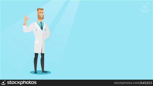 Happy caucasian doctor in medical gown showing ok sign. Smiling hipster doctor with beard gesturing ok sign. Young doctor with ok sign gesture. Vector flat design illustration. Horizontal layout.. Doctor showing ok sign vector illustration.