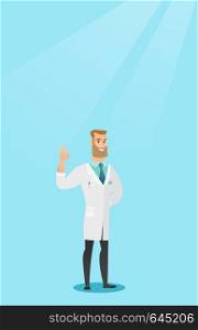 Happy caucasian doctor in medical gown showing ok sign. Smiling hipster doctor with beard gesturing ok sign. Young joyful doctor with ok sign gesture. Vector flat design illustration. Vertical layout.. Doctor showing ok sign vector illustration.
