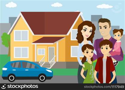 Happy caucasian family, house and car in the background,flat vector illustration
