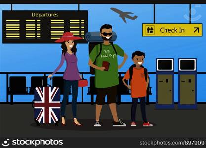 Happy caucasian Family of travelers with suitcase and backpacks at the airport,airport interior,cartoon vector illustration. Happy caucasian Family of travelers with suitcases and backpacks