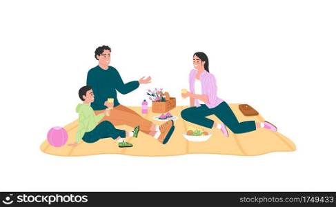 Happy caucasian family on picnic flat color vector detailed characters. Parents with kid sitting on blanket. Spring recreation isolated cartoon illustration for web graphic design and animation. Happy caucasian family on picnic flat color vector detailed characters
