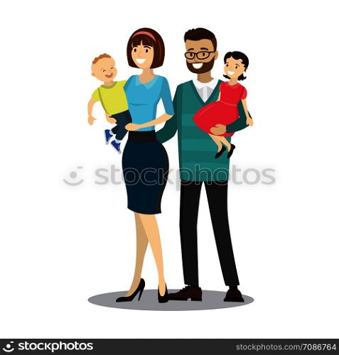 Happy caucasian family.Smiling Adults stand and hold children in their arms,Isolated on white background,cartoon vector illustration. Happy caucasian family.