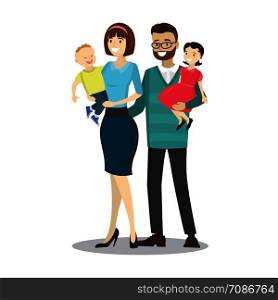Happy caucasian family.Smiling Adults stand and hold children in their arms,Isolated on white background,cartoon vector illustration. Happy caucasian family.