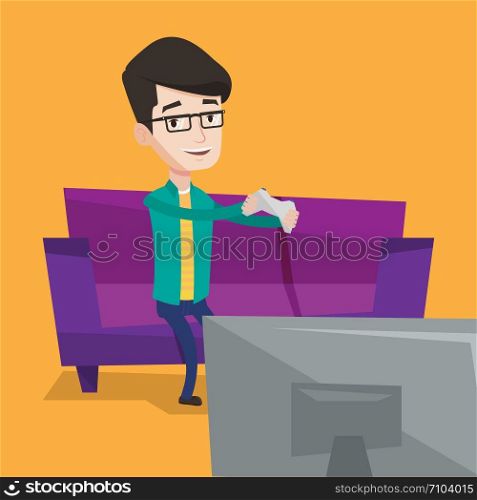 Happy caucasian gamer sitting on a sofa and playing video game on the television. An excited young man with console in hands playing video game at home. Vector flat design illustration. Square layout.. Man playing video game vector illustration.