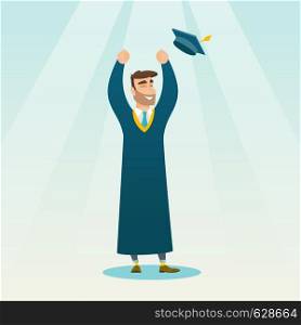 Happy caucasian graduate throwing up his hat. Excited graduate in cloak and graduation hat. Cheerful graduate with hands raised celebrating graduation. Vector flat design illustration. Square layout.. Graduate throwing up graduation hat.