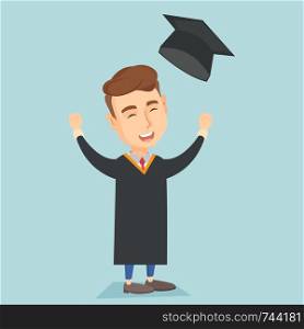 Happy caucasian graduate throwing up his hat. Excited graduate in cloak and graduation hat. Cheerful graduate with hands raised celebrating graduation. Vector flat design illustration. Square layout.. Graduate throwing up graduation hat.