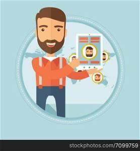 Happy caucasian hipster businessman with beard holding tablet computer with social media network on background map of the world. Vector flat design illustration in the circle isolated on background.. Businessman holding tablet with social media.