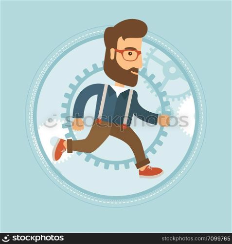 Happy caucasian hipster businessman with beard running in a hurry on gear background. Businessman working and moving to success. Vector flat design illustration in the circle isolated on background.. Businessman running on gear background.