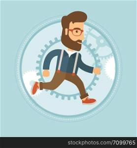 Happy caucasian hipster businessman with beard running in a hurry on gear background. Businessman working and moving to success. Vector flat design illustration in the circle isolated on background.. Businessman running on gear background.