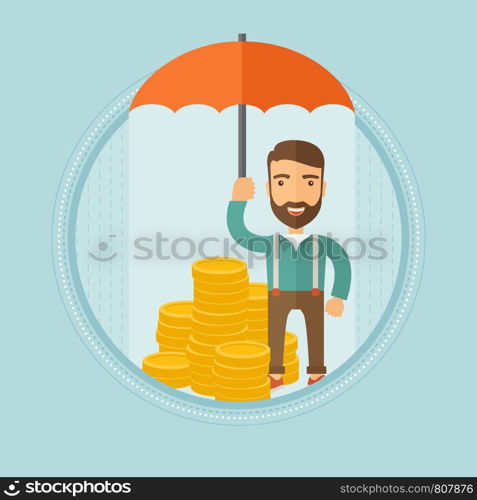 Happy caucasian hipster businessman with the beard holding an open umbrella over golden coins. Concept of business insurance. Vector flat design illustration in the circle isolated on background.. Businessman with umbrella protecting money.