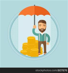 Happy caucasian hipster businessman with the beard holding an open umbrella over golden coins. Concept of business insurance. Vector flat design illustration in the circle isolated on background.. Businessman with umbrella protecting money.