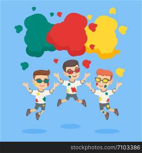 Happy caucasian kids smeared in colored powder having fun during color festival. Group of cheerful children playing with colored powder at outdoor festival. Vector cartoon illustration. Square layout.. Caucasian kids having fun during color festival.