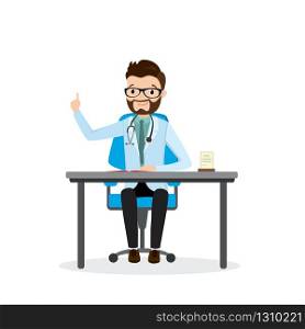 Happy caucasian male doctor on workplace,isolated on white background,flat vector illustration
