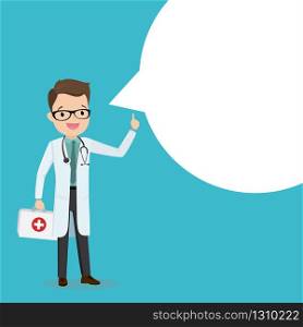 Happy caucasian male doctor with medicine chest and white speech bubble,place for text,flat vector illustration