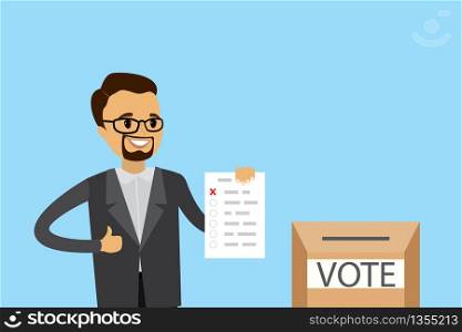 Happy Caucasian male holding vote page and ballot box,vote concept of right choice,flat vector illustration