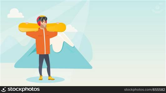 Happy caucasian man carrying skis on his shoulders. Hipster sportsman holdong skis on the background of snow capped mountain. Young sportsman skiing. Vector flat design illustration. Horizontal layout. Young caucasian sportsman holding skis.