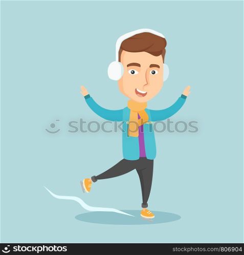 Happy caucasian man ice skating. Young smiling man ice skating outdoor. Excited man posing at a skating rink. Concept of winter leisure activities. Vector flat design illustration. Square layout.. Man ice skating vector illustration.