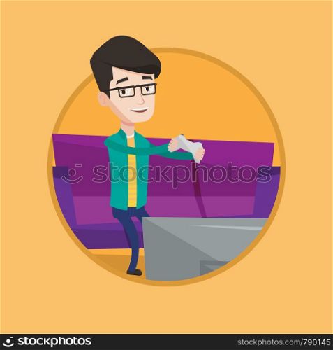 Happy caucasian man playing video game on the television. Excited young man with game console in hands playing video game at home. Vector flat design illustration in the circle isolated on background.. Man playing video game vector illustration.