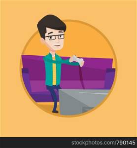 Happy caucasian man playing video game on the television. Excited young man with game console in hands playing video game at home. Vector flat design illustration in the circle isolated on background.. Man playing video game vector illustration.