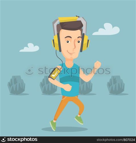 Happy caucasian man running with earphones and armband for smartphone. Young smiling man using smartphone to listen to music while running in the park. Vector flat design illustration. Square layout.. Man running with earphones and smartphone.
