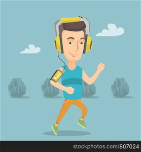 Happy caucasian man running with earphones and armband for smartphone. Young smiling man using smartphone to listen to music while running in the park. Vector flat design illustration. Square layout.. Man running with earphones and smartphone.