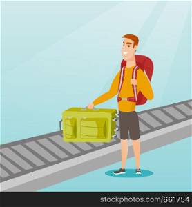 Happy caucasian passenger picking up suitcase from luggage conveyor belt at the airport. Young cheerful passenger taking his luggage from conveyor belt. Vector cartoon illustration. Square layout.. Man picking up suitcase from conveyor belt.