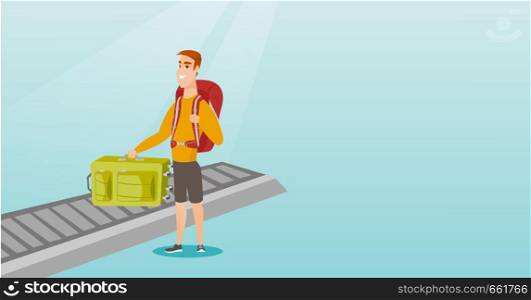 Happy caucasian passenger picking up suitcase from luggage conveyor belt at the airport. Young cheerful passenger taking his luggage from conveyor belt. Vector cartoon illustration. Horizontal layout.. Man picking up suitcase from conveyor belt.