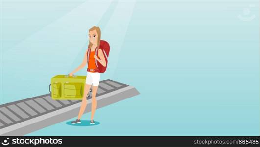 Happy caucasian passenger picking up suitcase from luggage conveyor belt at the airport. Young cheerful passenger taking her luggage from conveyor belt. Vector cartoon illustration. Horizontal layout.. Woman picking up suitcase from conveyor belt.