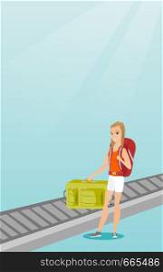 Happy caucasian passenger picking up suitcase from luggage conveyor belt at the airport. Young cheerful passenger taking her luggage from conveyor belt. Vector cartoon illustration. Vertical layout.. Woman picking up suitcase from conveyor belt.