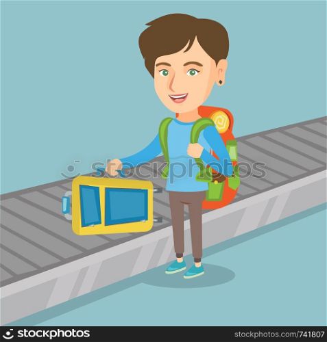 Happy caucasian passenger picking up suitcase from luggage conveyor belt at the airport. Young cheerful passenger taking her luggage from conveyor belt. Vector cartoon illustration. Square layout.. Woman picking up suitcase from conveyor belt.