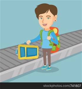 Happy caucasian passenger picking up suitcase from luggage conveyor belt at the airport. Young cheerful passenger taking her luggage from conveyor belt. Vector cartoon illustration. Square layout.. Woman picking up suitcase from conveyor belt.