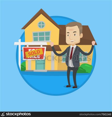 Happy caucasian real estate agent standing in front of sold real estate placard and house. Successful real estate agent sold a house. Vector flat design illustration in circle isolated on background.. Real estate agent signing contract.