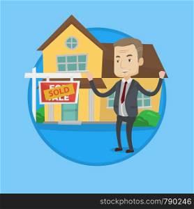 Happy caucasian real estate agent standing in front of sold real estate placard and house. Successful real estate agent sold a house. Vector flat design illustration in circle isolated on background.. Real estate agent signing contract.