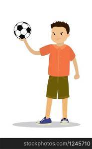 Happy caucasian schoolboy with soccer ball,kid character in front view,isolated on white background,flat vector illustration
