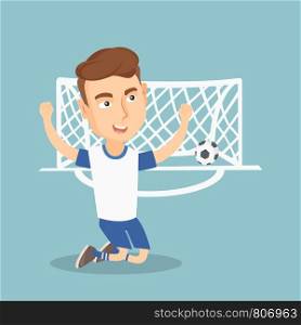 Happy caucasian soccer player celebrating a goal. Young football player kneeling with raised arms on the background of football gate with a ball in it. Vector flat design illustration. Square layout.. Soccer player celebrating a goal.