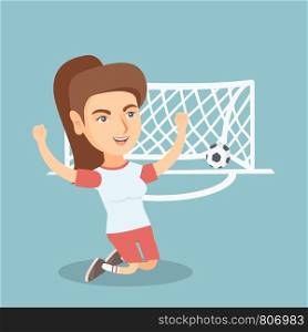 Happy caucasian soccer player celebrating a goal. Young football player kneeling with raised arms on the background of football gate with a ball in it. Vector cartoon illustration. Square layout.. Young caucasian soccer player celebrating a goal.