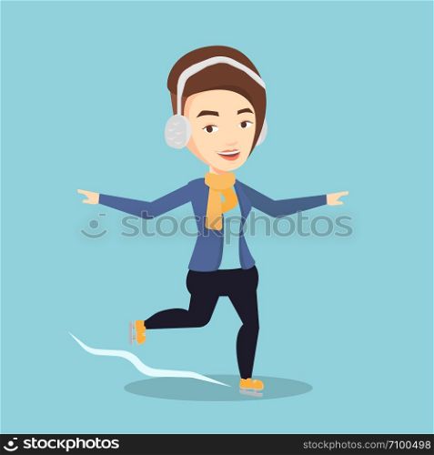 Happy caucasian sportswoman ice skating. Young smiling woman ice skating. Young cheerful woman at skating rink. Female figure skater posing on skates. Vector flat design illustration. Square layout.. Woman ice skating vector illustration.