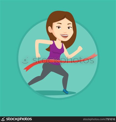 Happy caucasian sportswoman running through finish line. Cheerful winner crossing finish line. Sprinter breaking the finish line. Vector flat design illustration in the circle isolated on background.. Athlete crossing finish line vector illustration.