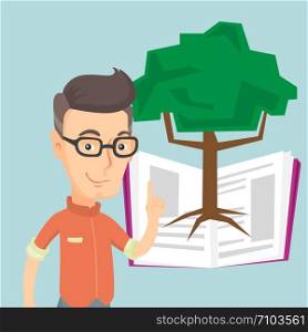 Happy caucasian student standing on the background of tree growing from open book. Cheerful student pointing at tree of knowledge. Concept of education. Vector flat design illustration. Square layout.. Student pointing at tree of knowledge.
