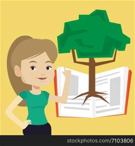 Happy caucasian student standing on the background of tree growing from open book. Cheerful student pointing at tree of knowledge. Concept of education. Vector flat design illustration. Square layout.. Student pointing at tree of knowledge.