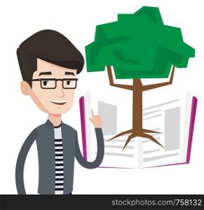Happy caucasian student standing on the background of tree growing from open book. Young cheerful student pointing at tree of knowledge. Vector flat design illustration isolated on white background.. Student pointing at tree of knowledge.